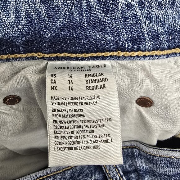 AMERICAN EAGLE Super Hi-Rise Flare Jeans Womens Size 14 Blue Denim Raw Edge - Picture 5 of 10